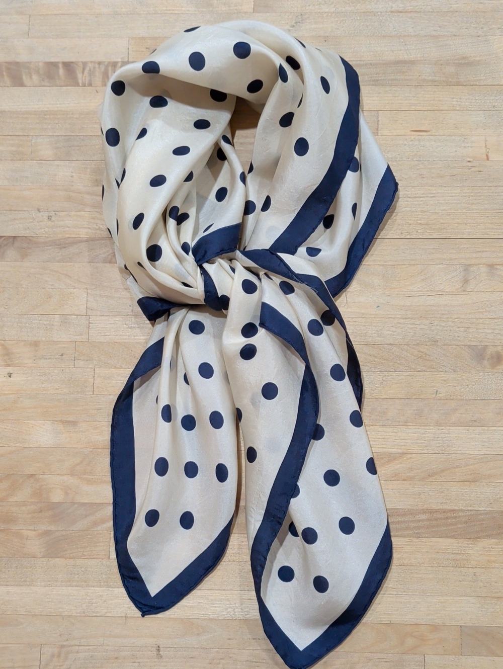 Vintage Cream and Navy Polka Dot Silk Square Scarf